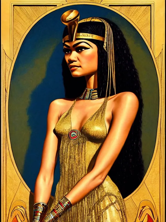 Image similar to Zendaya as Isis the Egyptian goddess, a beautiful art nouveau portrait by Gil elvgren, Nile river environment, centered composition, defined features, golden ratio, intricate gold jewelry