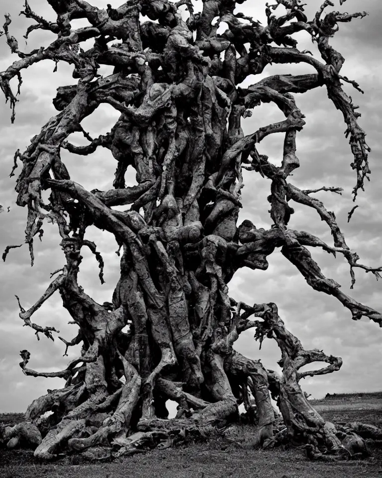 Image similar to A wretched mythical tree made of human flesh, limbs and bones.