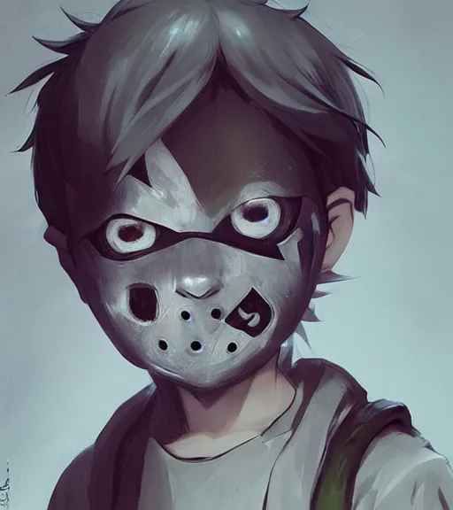 Prompt: beautiful little boy anime character inspired by jason voorhees, art by rossdraws, wlop, ilya kuvshinov, artgem lau, sakimichan and makoto shinkai, concept art, anatomically correct, extremely coherent, realistic, mask, smooth hd, 8 0 s haircut