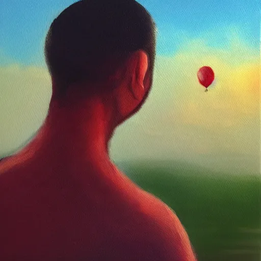 Image similar to “ wistful oil painting of a man watching parts of himself float away like red balloons against a sky at sunset, these are all his memories, he is steeling himself to become a champion of loss ”