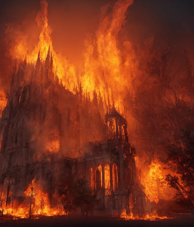 Image similar to a beautiful hyperrealistic detailed 3D render of a burning church, by genzoman, unreal engine, octane render, gigantic, 3D, brilliantly coloured, intricate, ultra wide angle, trending on artstation, embers, smoke, dust, dusk, volumetric lighting, HDR, polished, micro details, ray tracing, 8k