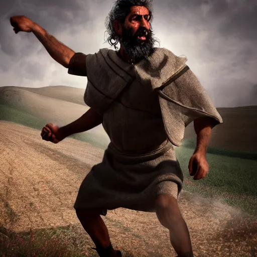 Prompt: photographic portrait of angered Mediterranean skinned man in ancient Canaanite farmer clothing fighting a Mediterranean skinned shepherd in ancient Canaanite shepherd clothing, farm field background, sharp detail, hyper realistic, foggy atmosphere, intense facial expression, octane render