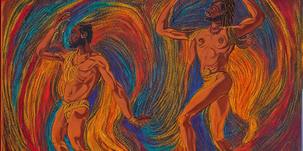 Image similar to an abstract spiritual background, portrait of a virile dark - skinned greek god dancing. 2 4 mm, photorealistic, muted color scheme, directed by mati klarwein