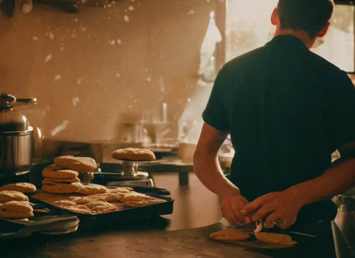 Image similar to a 3 5 mm photo from the back of a man making cookies, splash art, movie still, bokeh, canon 5 0 mm, cinematic lighting, dramatic, film, photography, golden hour, depth of field, award - winning, anamorphic lens flare, 8 k, hyper detailed, 3 5 mm film grain