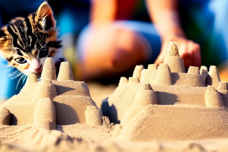 Image similar to a kitten touching a completed sand castle