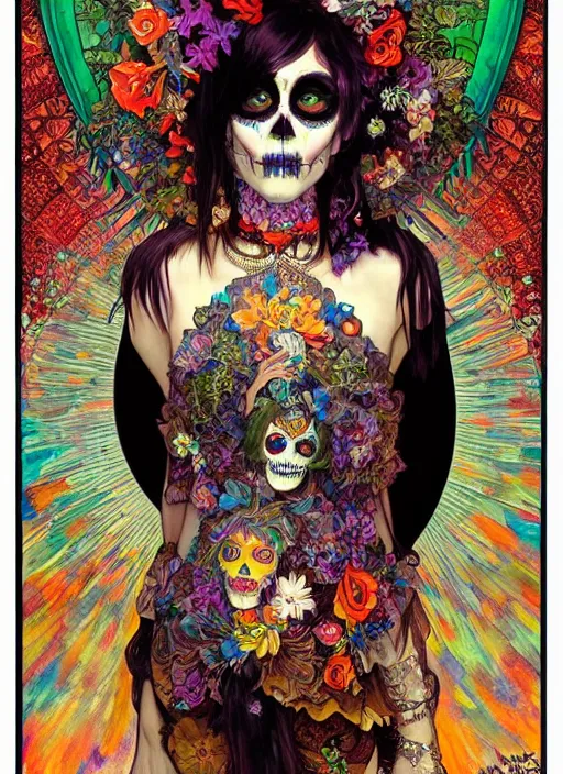 Image similar to realistic detailed psychedelic poster art of a cute punk goth fractal Día de los Muertos girl posing by Victor Moscoso Rick Griffin Alphonse Mucha Ayami Kojima Amano Charlie Bowater, masterpiece