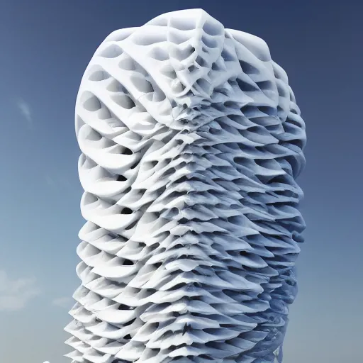 Image similar to giant parametric building that is white, horizontal, fluid form, complex | cinematic, hyper realistic, crazy detail, smoke geometry, artstation, hyper realistic, super detail