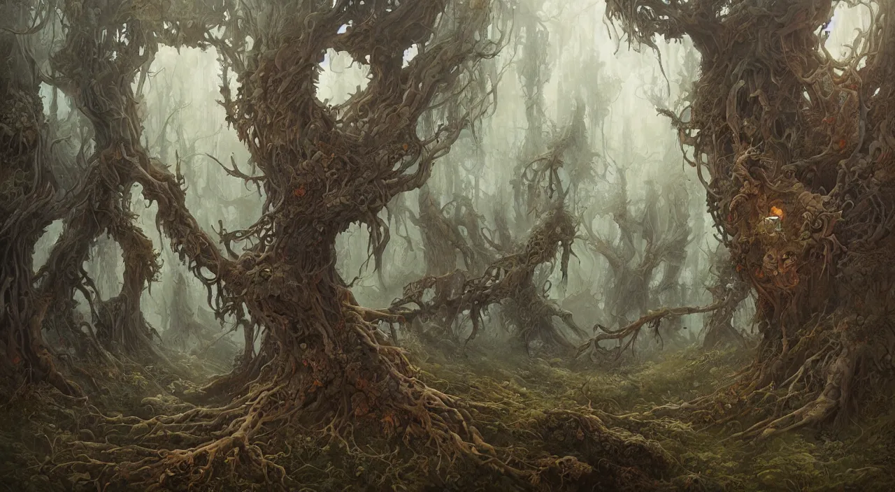 Prompt: a finely detailed painting of an ancient forest in the style of Peter Mohrbacher and Peter Gric