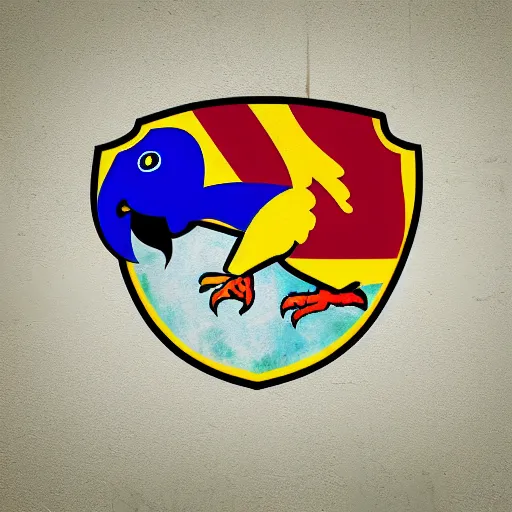 Prompt: Digital painting of a parrot painting the FC Barcelona logo onto a wall with a stalk of bamboo dipped in paint.