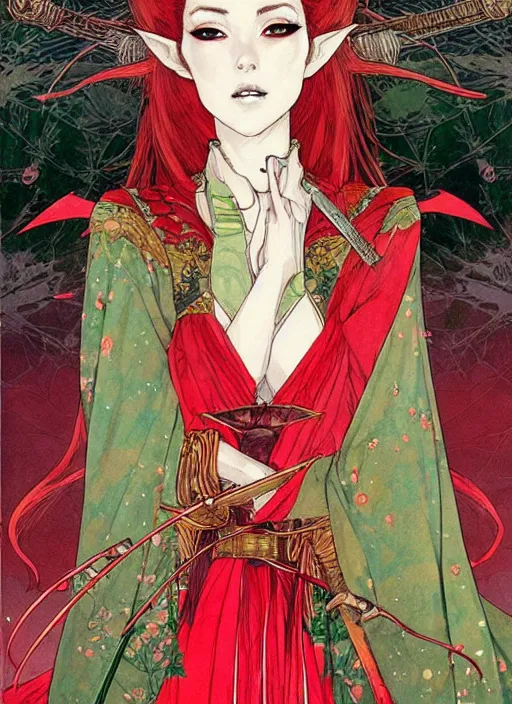 Image similar to beautiful elven queen in red green gold dress, detailed portrait, wearing kimono armor, sword, by conrad roset, takato yomamoto, jesper ejsing, beautiful