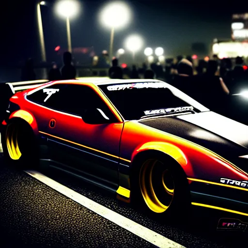 Image similar to a car 300ZX twin turbo drift at illegal car meet, Shibuya prefecture, city midnight mist lights, cinematic lighting, photorealistic, highly detailed wheels, high detail