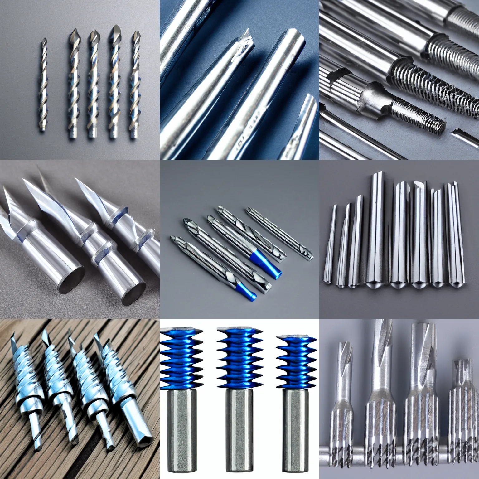 Prompt: 4 chrome metal drill bits, studio photo, white and grey, blue details, 5 0 mm