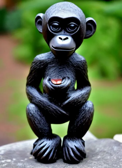 Image similar to cute monkey cartoon character, sculpted in very hard black wood, rock