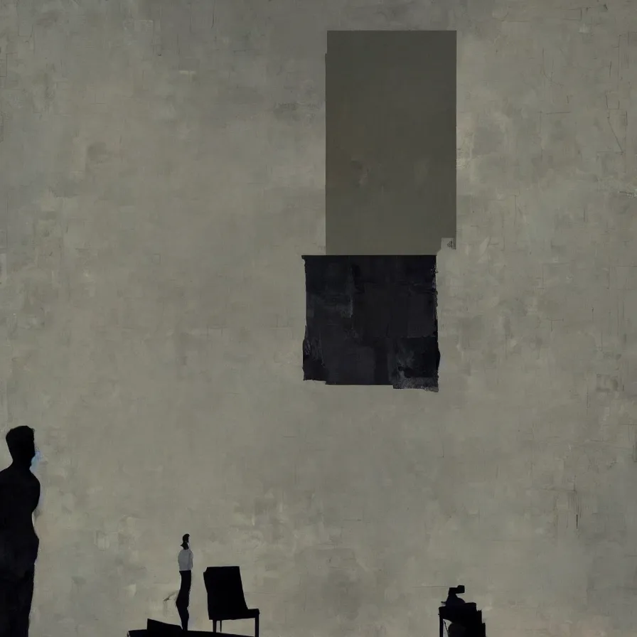 Prompt: artistic silhouette in a room, collage acrylic, paper, wood, gouache on canvas, dadaism, high resolution, breathtaking detailed, by tim eitel