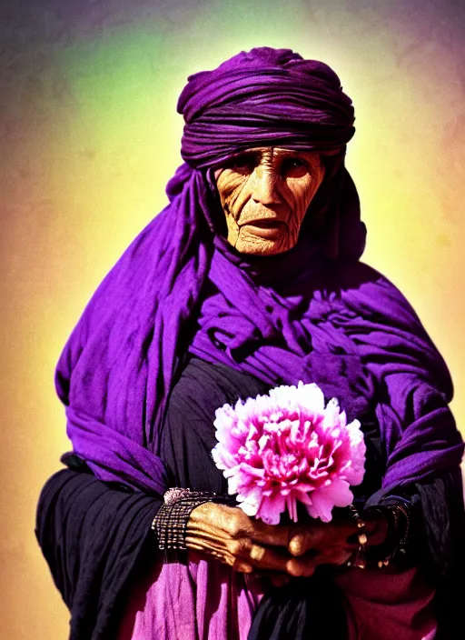 Prompt: portrait of a old woman, tuareg, nomads, vultures, dark background, purple colour scheme, many peonies, flower buds, birds, full length, masterpiece, dark background, art by caravaggio, alphonse mucha, giger, guyver, cinestill, moviestill, bokeh, artstation