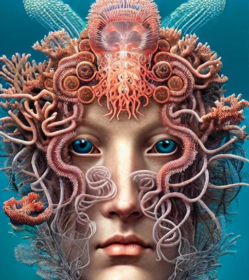 Image similar to hyperrealistic detailed underwater face portrait of the beautiful god of the jellyfish with an intricate headgear of corals, sea kelp, sea plants, fish, starfish, jellyfish, art by ernst haeckel, victor ngai, john william godward, android jones, neo - gothic - cyberpunk, ornamental, beautiful deep colours,