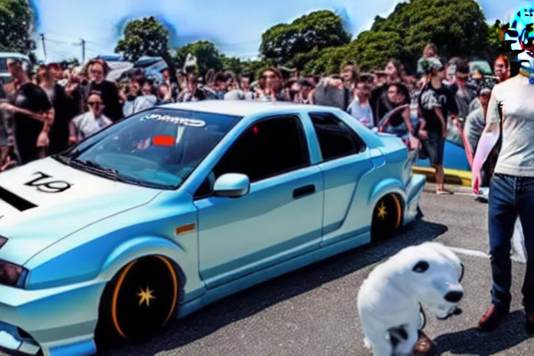 Image similar to mark Zuckerberg and his anime wrapped honda civic at a car show