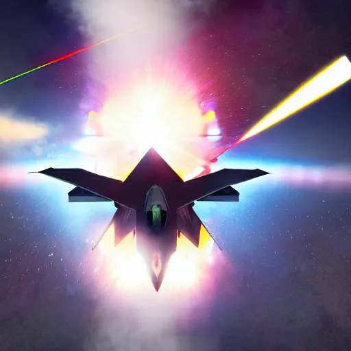 Image similar to cinematic areal shot of a fighter jet exploding from the laser energy wawe concept art