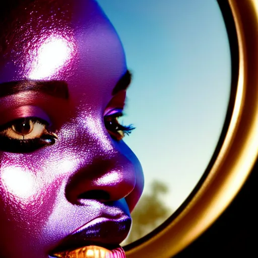 Prompt: portrait of african woman, iridescent metallic face, mercury, mirror reflections, smooth, liquid metal, proud, looking away, outdoor, blue sky, fashion advertising campaign, 8 k, realistic, depth of field, highly detailed, award winning photography, by richard mosse