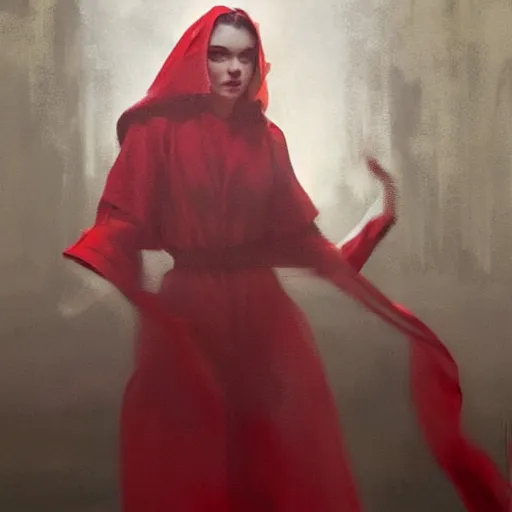 Prompt: a striking hyper real painting of Elle Fanning in a red cultist robe, fire lit, by Craig Mullins