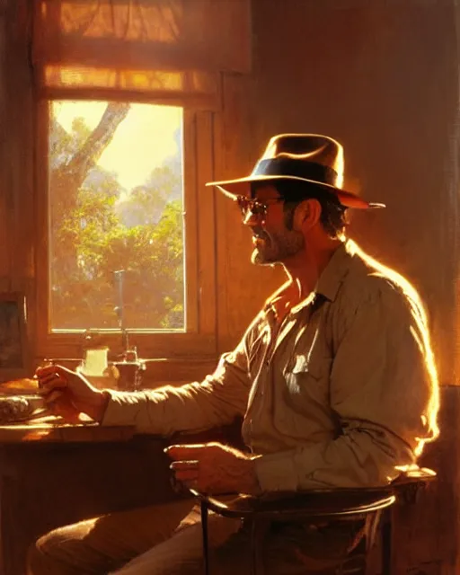 Prompt: attractive 4 5 year old man watching the movie indiana jones on his desktop computer, watching the screen gleefully, golden hour painting by gaston bussiere, craig mullins, j. c. leyendecker