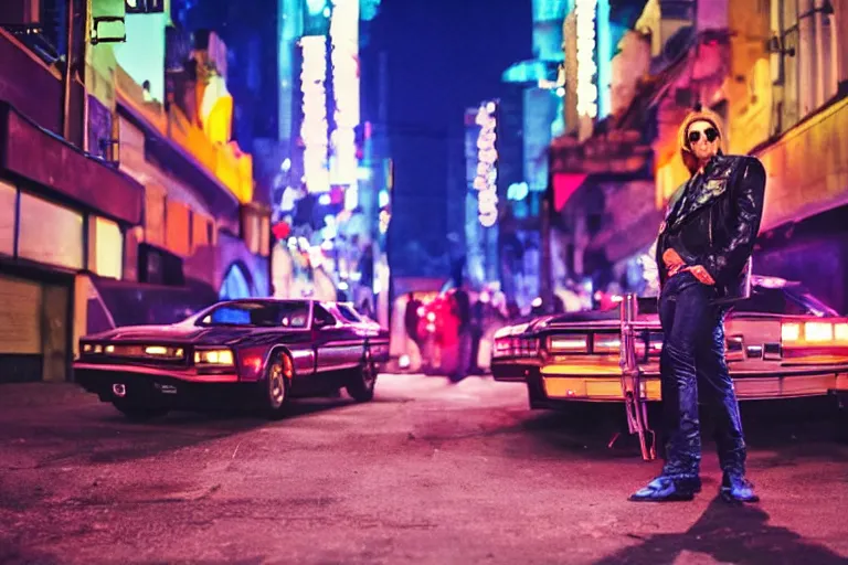 Image similar to 80s dressed Nicolas Cage posing and in the background there two 80s sports cars parked on a deserted city street at night time, purple lighted street, wide angle, cinematic, retro-wave vibes, grainy, soft motion blur