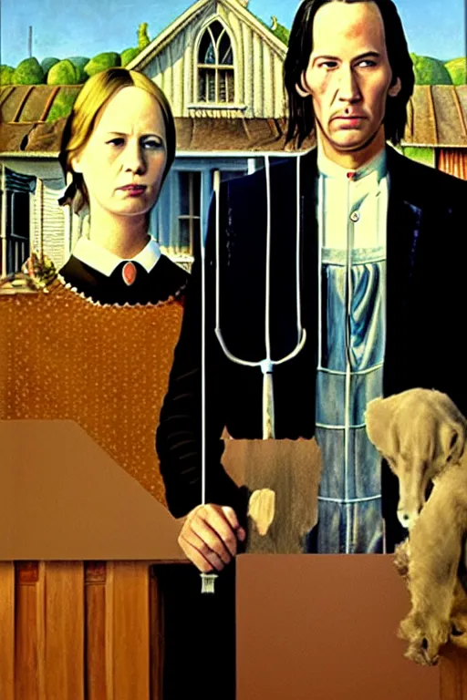 Image similar to painting of Keanu Reeves and Jennifer Lawrence as the couple in American Gothic in the style of Grant Wood