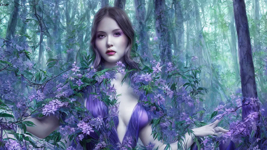 Image similar to art deco forest, blue and purple, ultra detail, photoreal, professionally retouched, wide angle, 8 k high definition, insanely detailed, intricate, elegant, art by artgerm and wlop