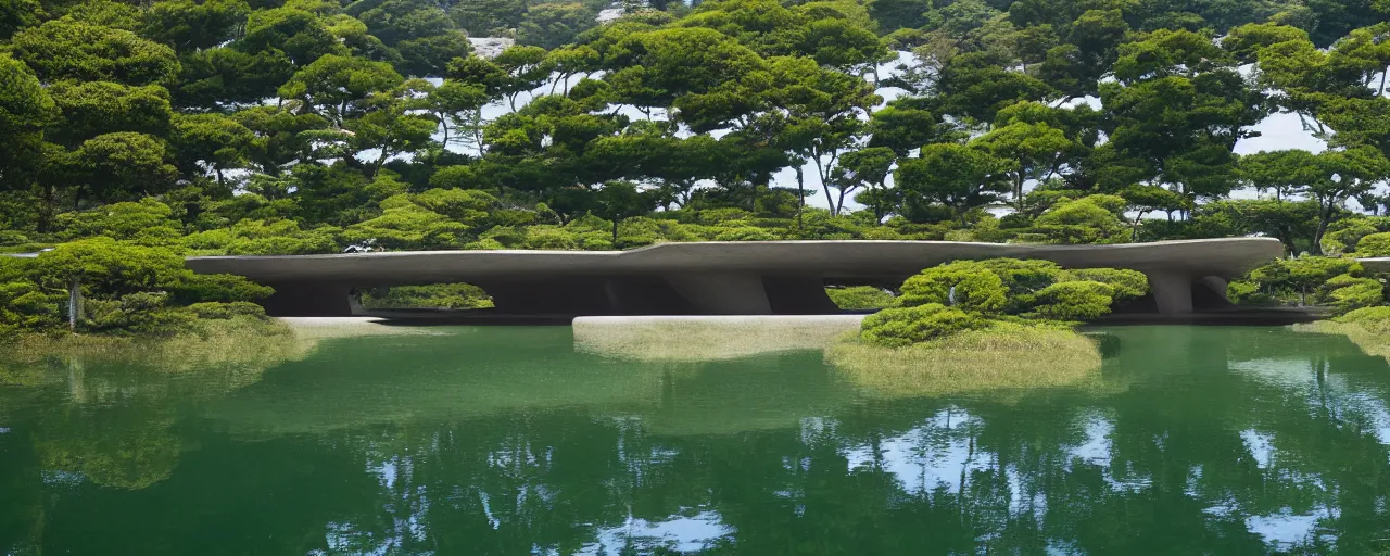 Prompt: The Oval at Benesse Art Museum Naoshima, Japan, built by Tadao Ando, brutalist architecture, pond in the center, overgrown with foliage, kodachrome, 35mm