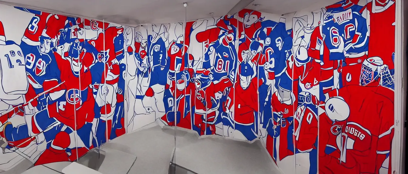 Image similar to montreal canadiens habs centre bell hockey dressing room, style of studio ghibli + moebius + basquiat, cute, detailed,