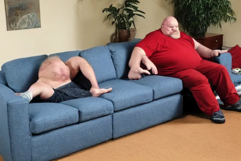 Image similar to 6 0 0 pound dwarf fusing to his couch