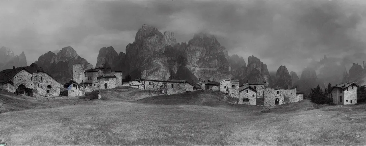 Prompt: 1920s photography of an isolated old village with ghostly wood buildings in the dolomites inhabitated by hay ghosts