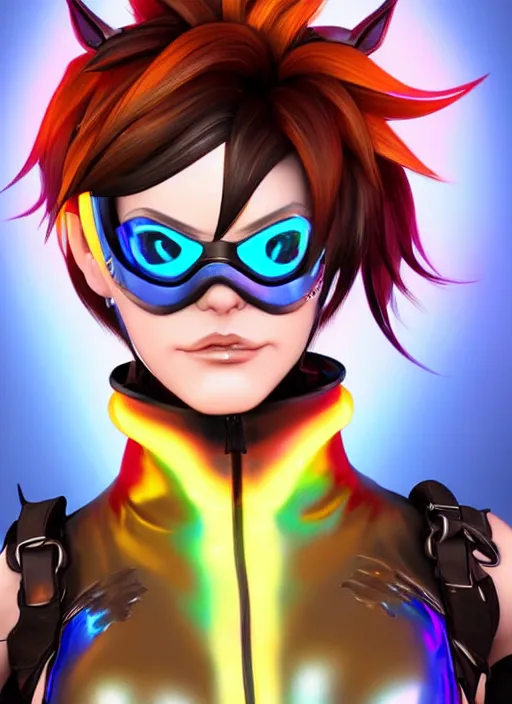 Image similar to portrait bust digital artwork of tracer overwatch, wearing iridescent rainbow latex and leather straps catsuit outfit, in style of mark arian, angel wings, wearing detailed leather collar, chains, black leather harness, detailed face and eyes,