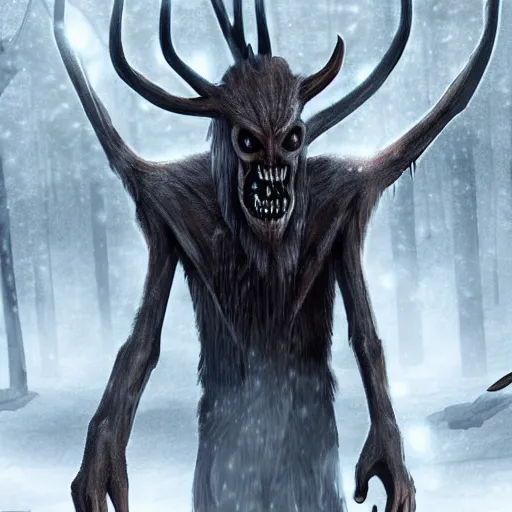 Prompt: detailed digital art of a pale, scrawny wendigo; until dawn; snow; dark, horrifying