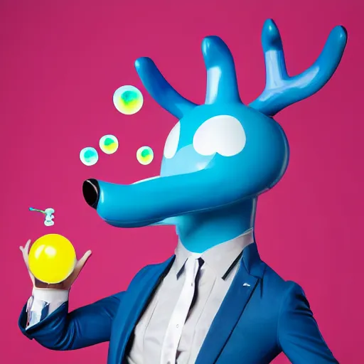 Prompt: a sexy anthropomorphic male blue deer wearing a latex suit sitting in a chair as he blows a bubble gum bubble, cocky, arrogant, furry art, portrait, 8k
