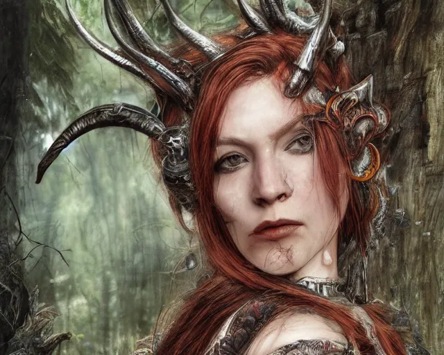 Image similar to 5 5 mm portrait photo of an armored gorgeous anesthetic redhead woman warrior with a face tattoo and horns growing from her head, in a magical forest in the style of stefan kostic, art by luis royo. highly detailed 8 k. intricate. lifelike. soft light. nikon d 8 5 0. cinematic post - processing