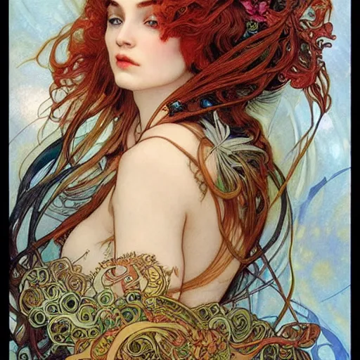 Prompt: realistic detailed face portrait of an otherworldly Phoenix Goddess with fiery feathers in her hair by Alphonse Mucha, Ayami Kojima, Amano, Charlie Bowater, Karol Bak, Greg Hildebrandt, Jean Delville, and Mark Brooks, Art Nouveau, Neo-Gothic, gothic, rich deep moody colors