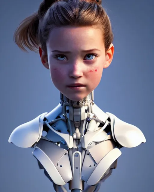 Image similar to weta disney pixar movie still head and torso portrait photo of young millie alicia bobby vikander brown with a white ponytail as thoughtful intricate detailed mechanical white plastic cyborg girl by pixar, by weta, wlop, ilya kuvshinov, rossdraws, artgerm, latex, iridescent, bright morning, anime, liosh, mucha