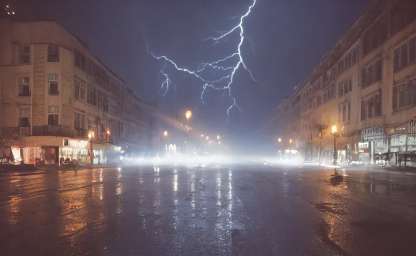 Prompt: 1990s movie still of a yougoslavian street with a giant riot with stalinist style highrise, Cinestill 800t 18mm, heavy grainy picture, very detailed, high quality, 4k panoramic, HD criterion, dramatic lightning, streetlight at night, rain, fog