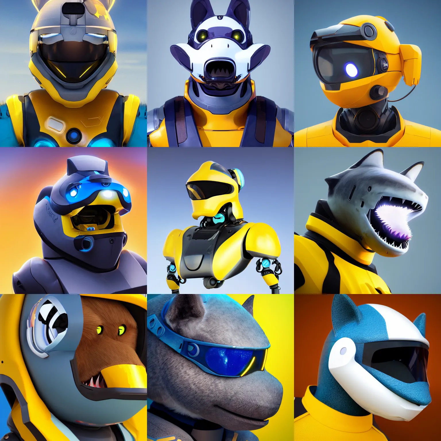 Prompt: very very beautiful furry art, bust profile picture of a robotic anthro shark, visor screen for face, snout under visor, wearing a yellow uniform, commission on furaffinity, cgsociety, octane render, vibrant colors