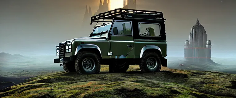 Image similar to Land Rover Defender 110 (1985), an epic fantasy, dramatic lighting, cinematic, establishing shot, extremely high detail, photorealistic, cinematic lighting, artstation, by simon stalenhag, The Elder Scrolls IV: Oblivion, Green Cyrodiil plains, Imperial City with the Adamantine Tower in the middle in the distance, at day