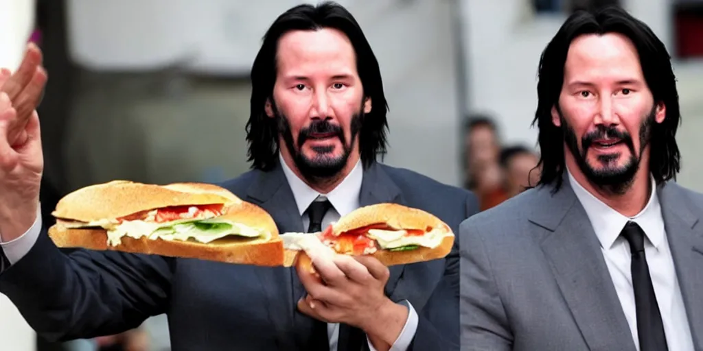 Image similar to hungry-looking Keanu Reeves handing half a sandwich to Jesus