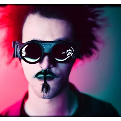 Image similar to kodak portra 1 6 0 photograph of a skinny nerdy goth guy with wild hair wearing goggles and eclectic jewelry, moody lighting, moody aesthetic, telephoto, 9 0 s vibe, rave background, vaporwave colors, faded!,