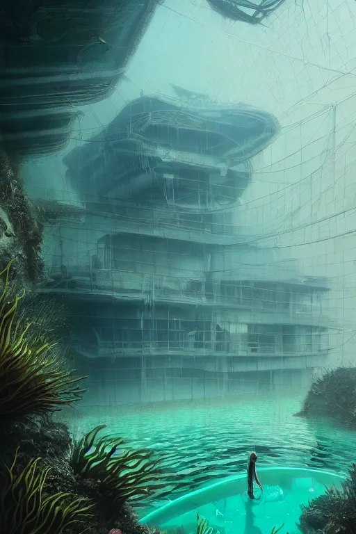 Image similar to hyperrealistic precisionist cinematic underwater neo - dystopian city ruins with giant luminescent aquatic plants, digital art masterpiece, aykut aydogdu eric zener, dramatic volumetric light, long shot, low angle uhd 8 k, sharp focus