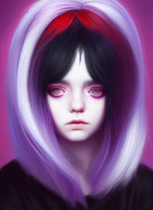 Image similar to hair blackbangs hair, white hair, blackbangs, portrait of teenage girl with white hair, red irises, purple clothes, black bangs, bangs are different color from hair, intricate, elegant, glowing lights, highly detailed, digital painting, artstation, concept art, smooth, sharp focus, illustration, art by wlop, mars ravelo and greg rutkowski