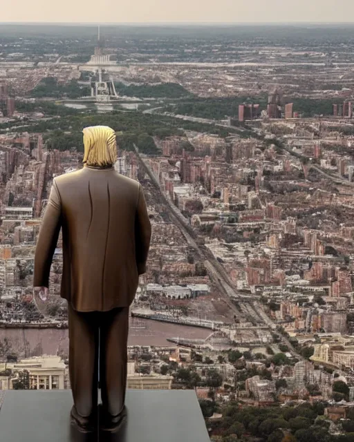 Prompt: a gigantic 1 0 0 0 foot tall bronze statue of a president donald trump, thousands of tiny onlookers, photorealistic, atmospheric