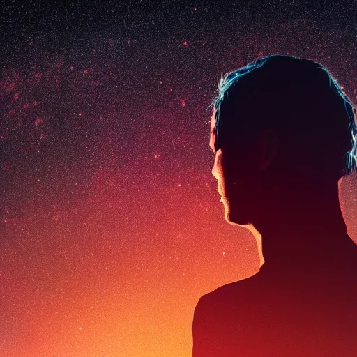 Image similar to silhouette of man, filled with deep space field of twinkling stars, award-winning portrait of face, fantasy horror, 8k, 4k, , matte finish, pixiv, unnerving, volumetric lighting, highly detailed