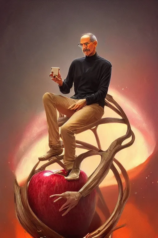 Image similar to ultra realistic illustration, steve jobs sitting on a giant apple, sci - fi, fantasy, intricate, elegant, highly detailed, digital painting, artstation, concept art, smooth, sharp focus, illustration, art by artgerm and greg rutkowski and alphonse mucha