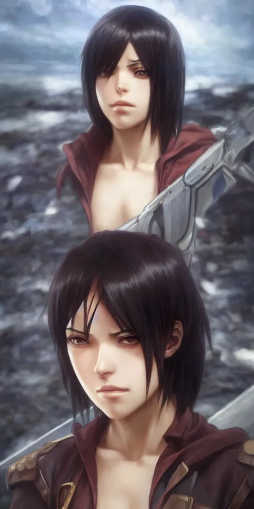 Image similar to mikasa ackerman, hero pose, medium shot, bokeh, beautiful face!!!!, 2 7 years old, cg animation, lifelike, animated, realistic, character select portrait, by artgerm, greg rutkowski, alphonse mucha, 3 d