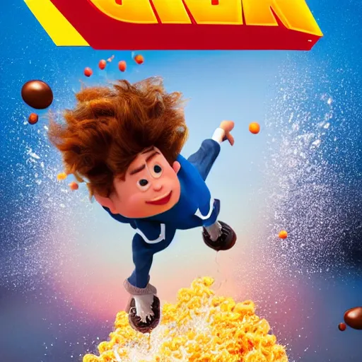 Image similar to a movie poster of a small boy flying taking off 1 0 feet from the ground by using a jetpack that spits a liquid chocolate syrup blend with milk burst with twirls of flow and fluid, and a giant white cereal bowl in the ground getting splashed by the chocolate burst, pixar 3 d animation style